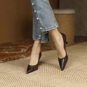 FOWT Simple Solid Croc-Embossed Pointed Toe Black Pumps for Women Dressy Brown